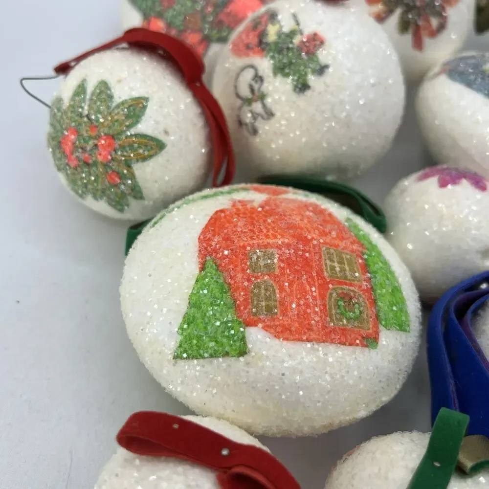 Set 18 Sugar Coated Frosted Christmas Tree Ornaments Retro 1960s Day Glo Kitsch